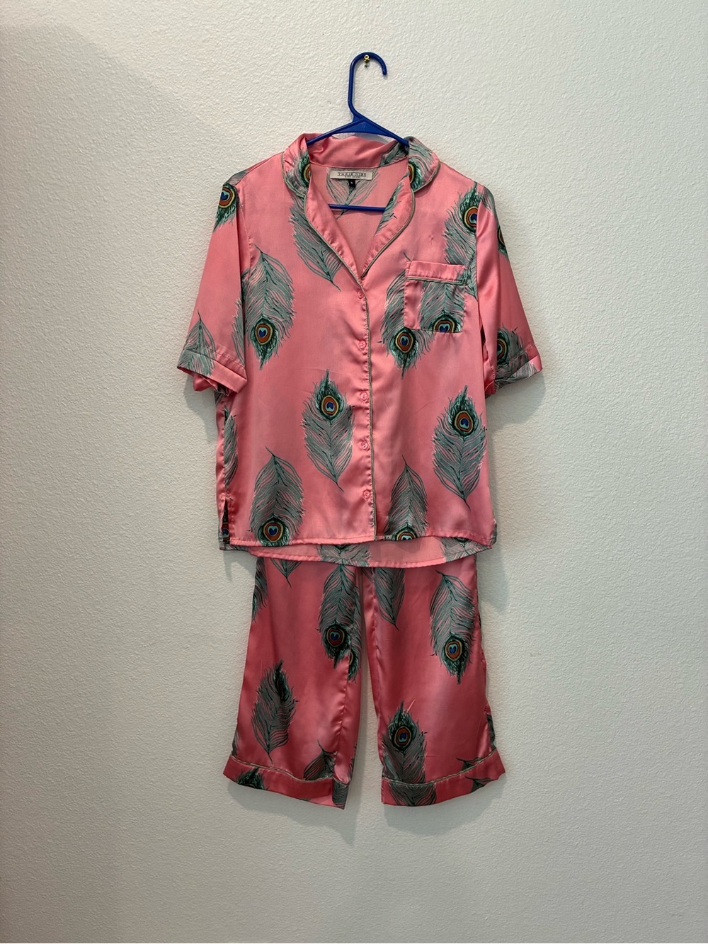 Pink Peacock Feather Short-Sleeve Pajama Set size small